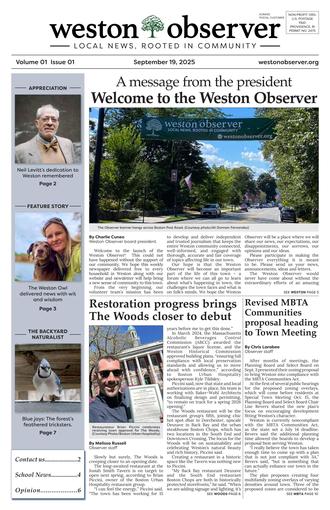 Front page of Weston Observer print edition for September 19, 2025.