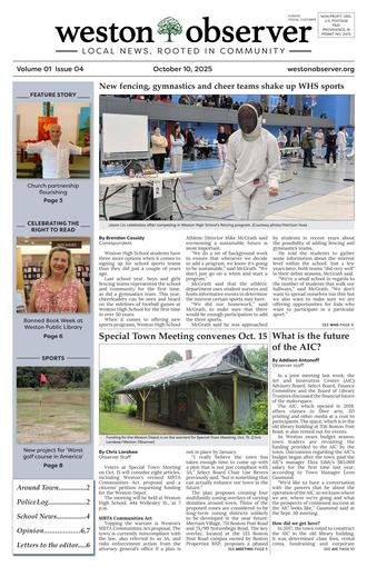 Front page of Weston Observer print edition for October 10, 2025.