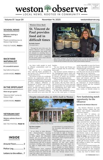 Front page of Weston Observer print edition for November 14, 2025.
