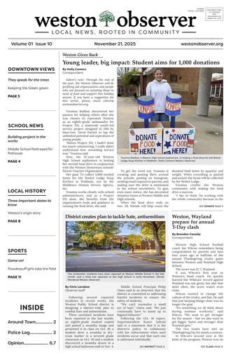 Front page of Weston Observer print edition for November 21, 2025.