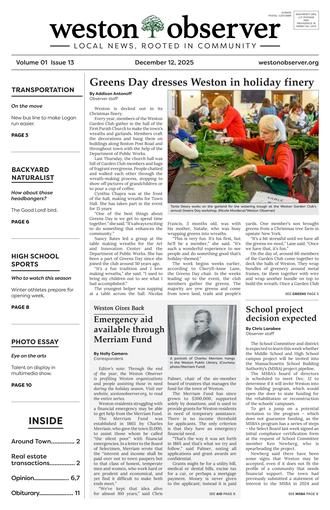 Front page of Weston Observer print edition for December 12, 2025.