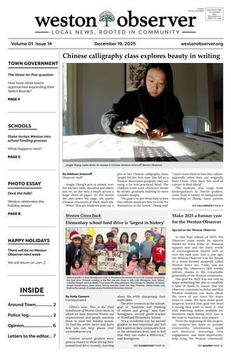 Front page of Weston Observer print edition for December 19, 2025.