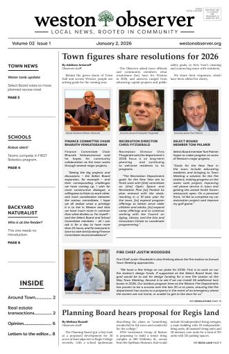 Front page of Weston Observer print edition for January 2, 2026.
