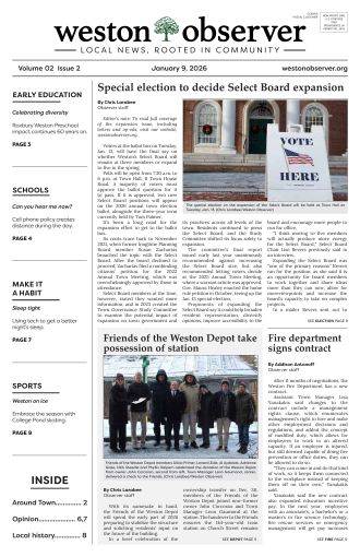 Front page of Weston Observer print edition for January 9, 2026.