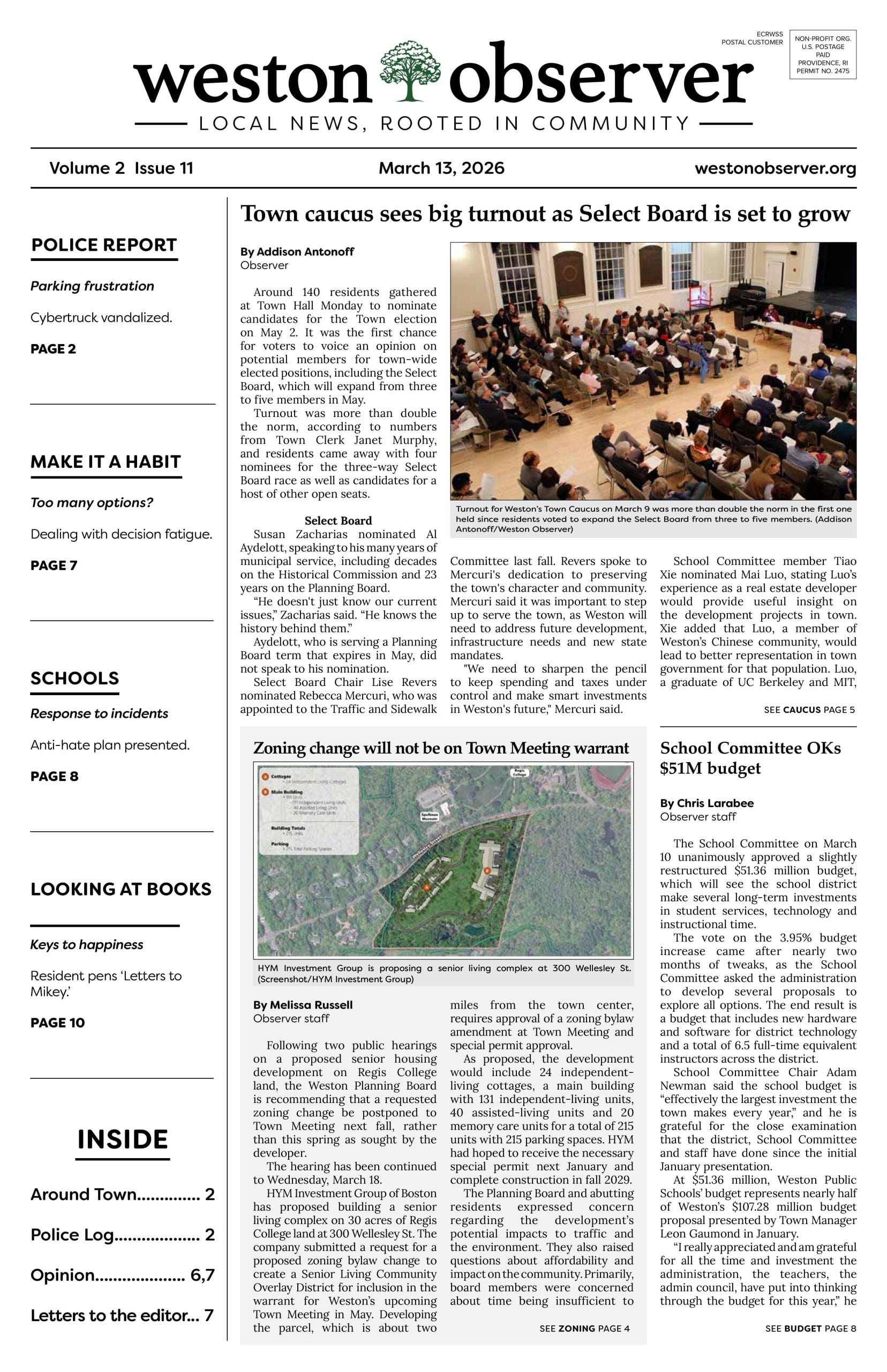 Weston Observer print edition front page for March 13, 2026.