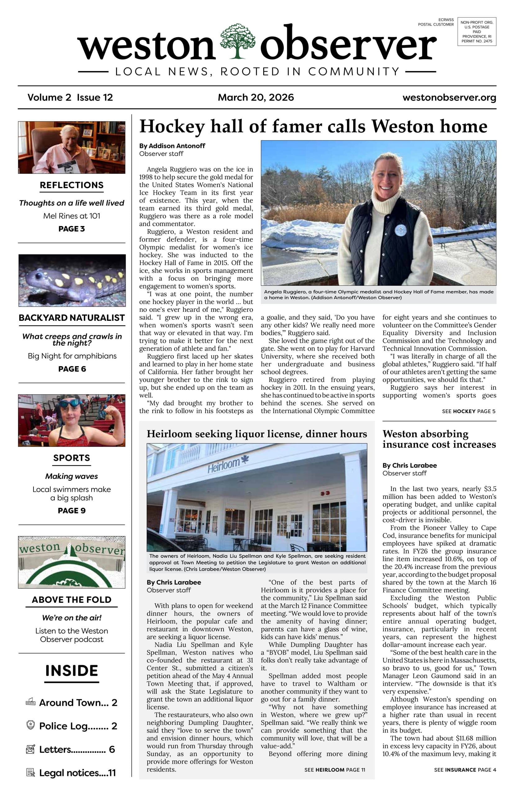 Front page of Weston Observer print edition for March 20, 2026.
