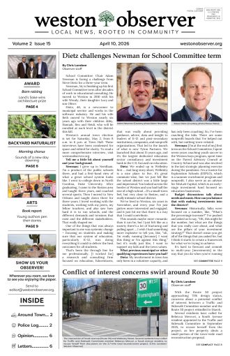 Front page of Weston Observer print edition for April 10, 2026.