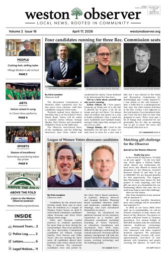 Front page of Weston Observer print edition for April 17, 2026.