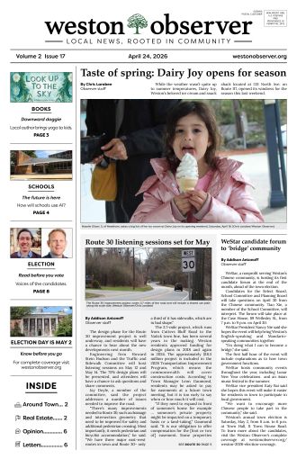 Front page of Weston Observer print edition for April 24, 2026.