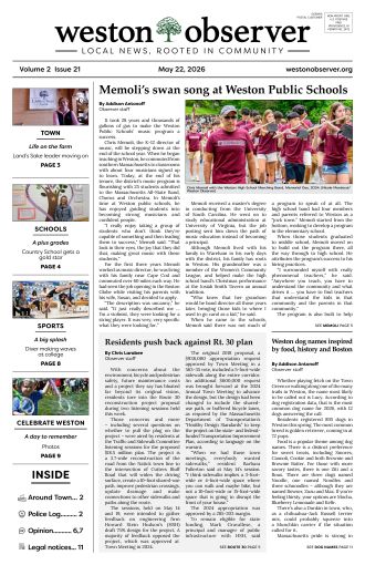 Front page of Weston Observer print edition for May 22, 2026.