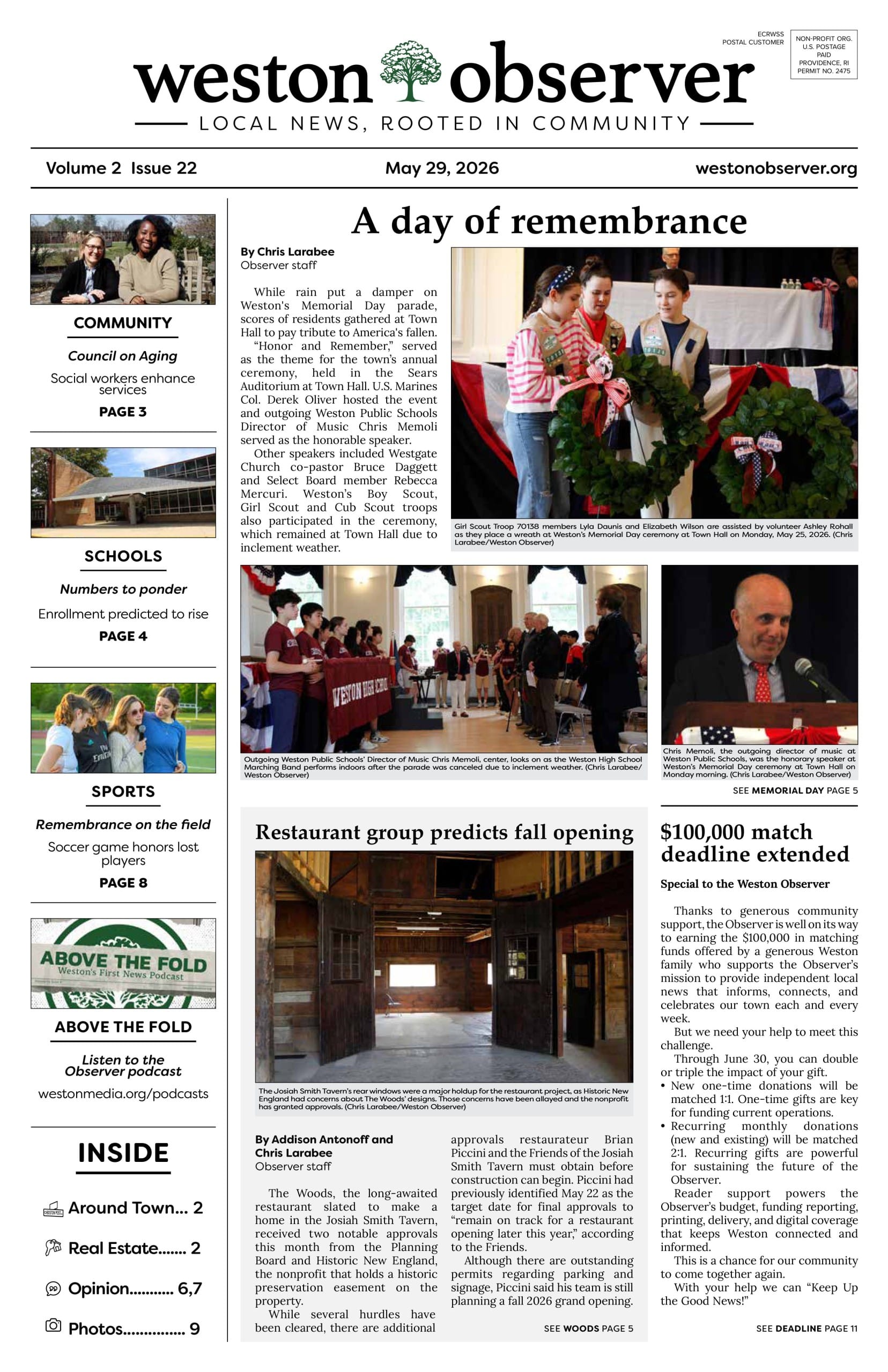 Front page of Weston Observer print edition for May 29, 2026