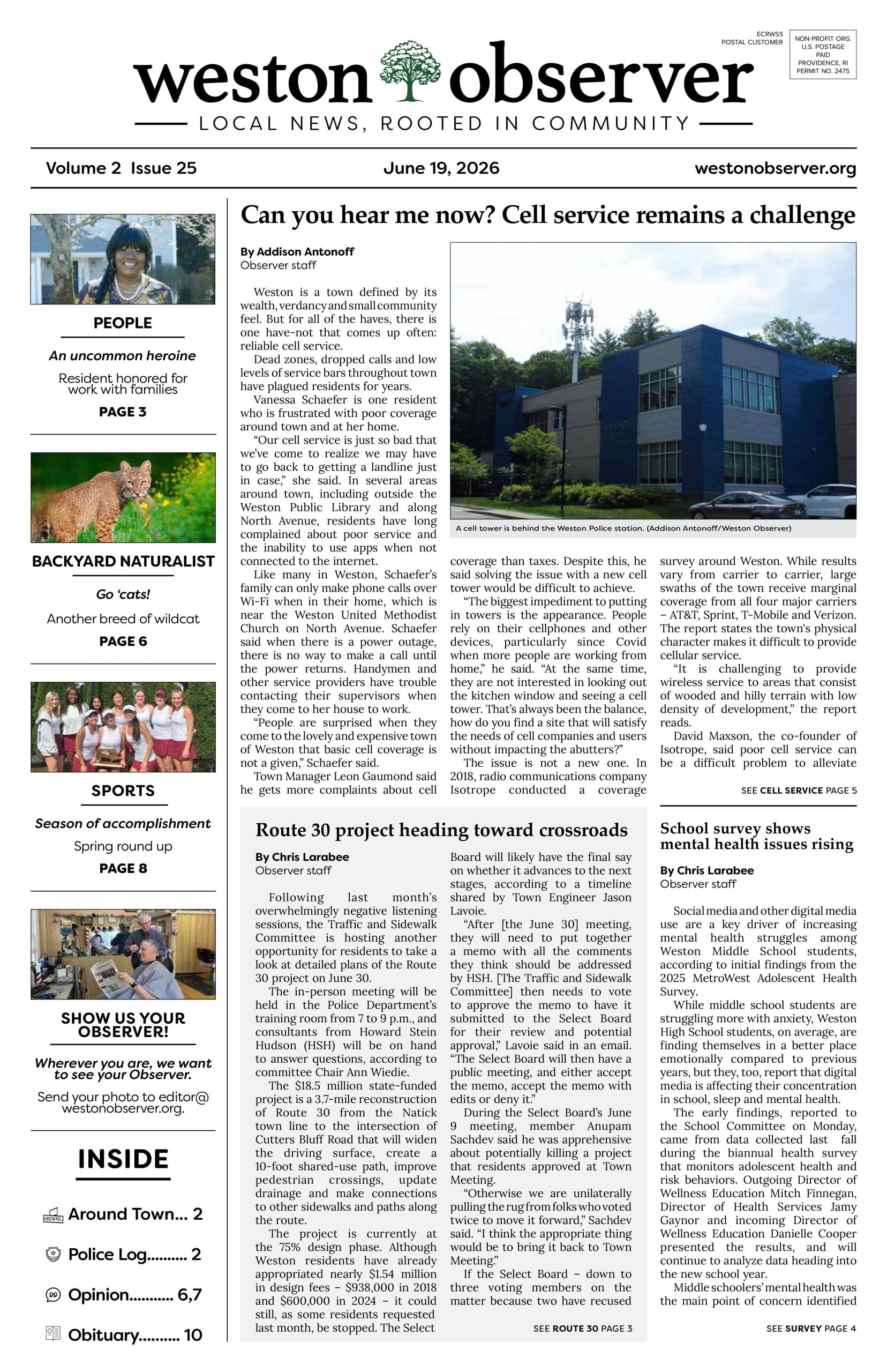 Front page of Weston Observer print edition for June 19, 2026.