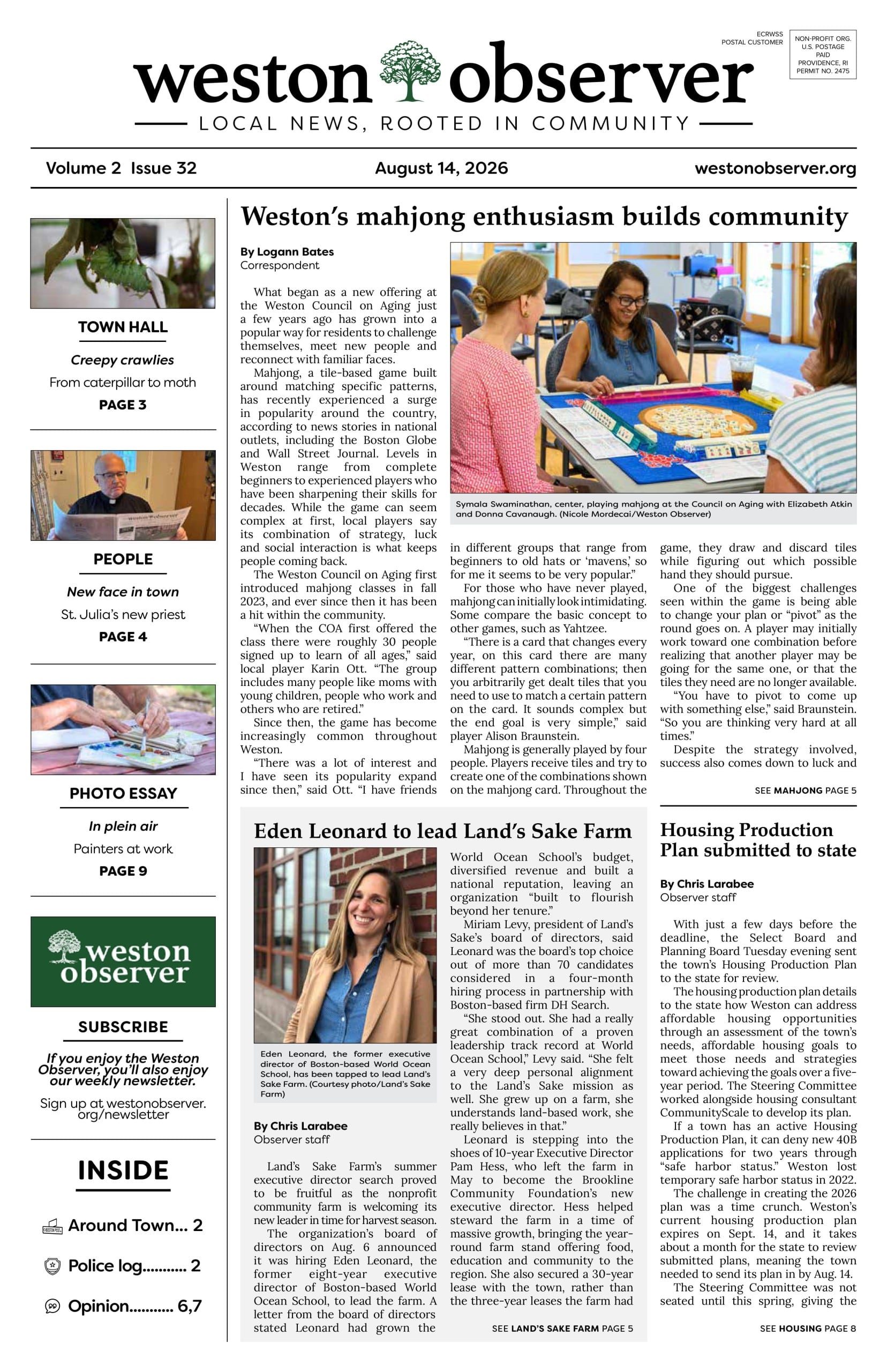 Front page of Weston Observer print edition for Aug. 14, 2026.