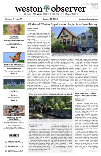 Front page of Weston Observer print edition for August 21, 2026.