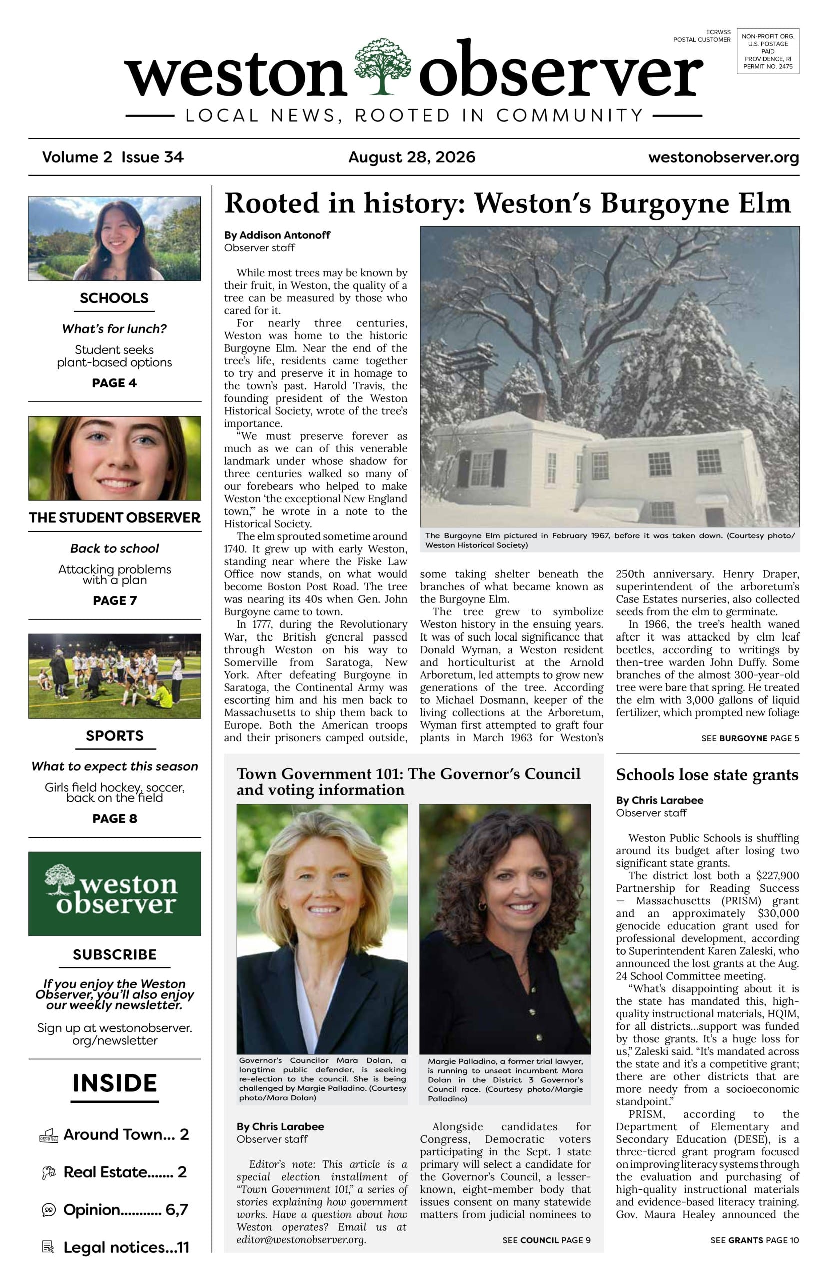 Front page of Weston Observer print edition for Aug. 27, 2026.