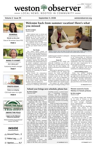 Front page of Weston Observer print edition for September 4, 2026.