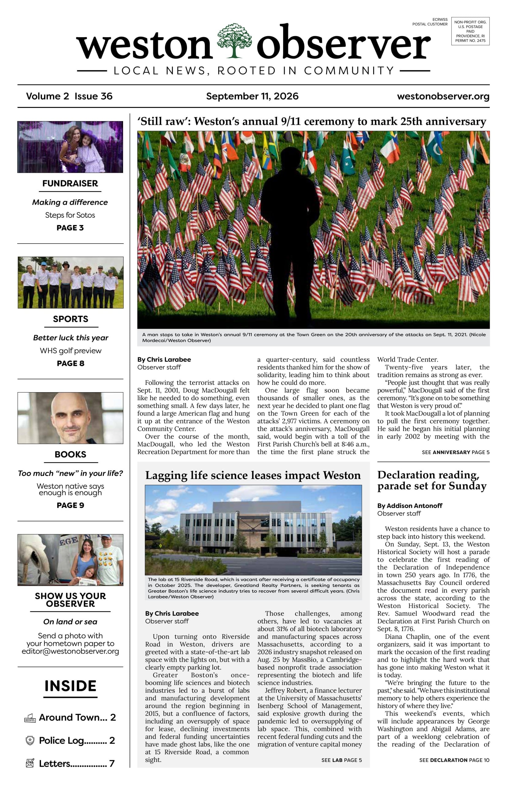 Front page of Weston Observer print edition for September 11, 2026.